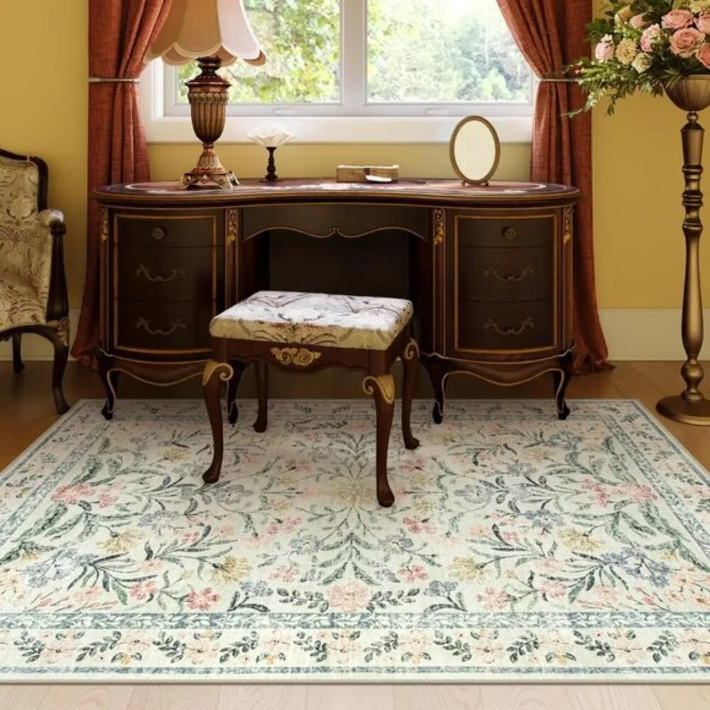 New 5x7 Beige Multi Boho Rug, Washable Non-Slip Vintage Floral Carpet for Home